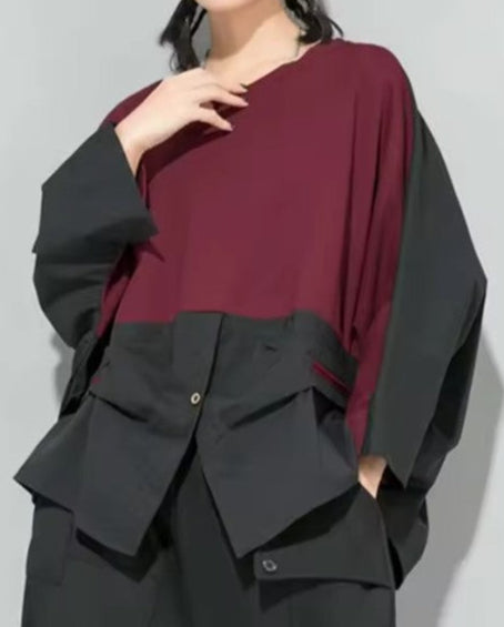Two-Tone Burgundy & Black Asymmetrical Top Round Collar Long Sleeved Button Detail