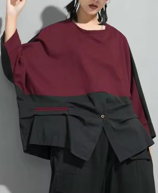 Two-Tone Burgundy & Black Asymmetrical Top Round Collar Long Sleeved Button Detail