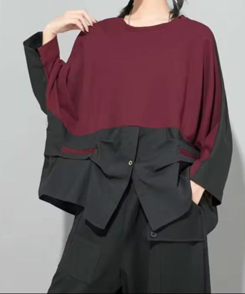 Two-Tone Burgundy & Black Asymmetrical Top Round Collar Long Sleeved Button Detail