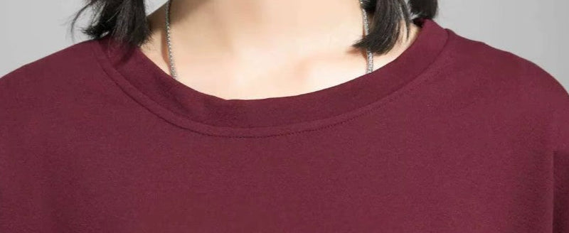 Two-Tone Burgundy & Black Asymmetrical Top Round Collar Long Sleeved Button Detail
