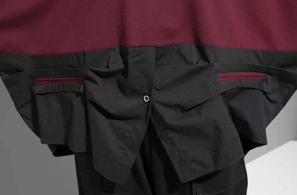 Two-Tone Burgundy & Black Asymmetrical Top Round Collar Long Sleeved Button Detail