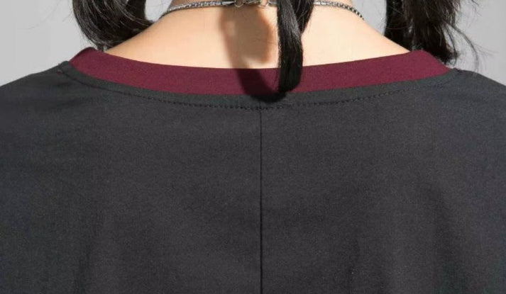 Two-Tone Burgundy & Black Asymmetrical Top Round Collar Long Sleeved Button Detail