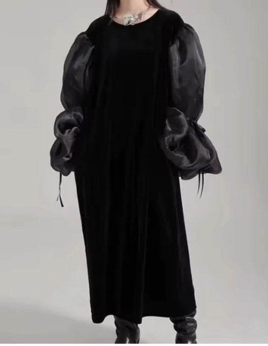 Elegant Black Organza Velvet Dress with Round Neck Long Organza Puff Sleeve