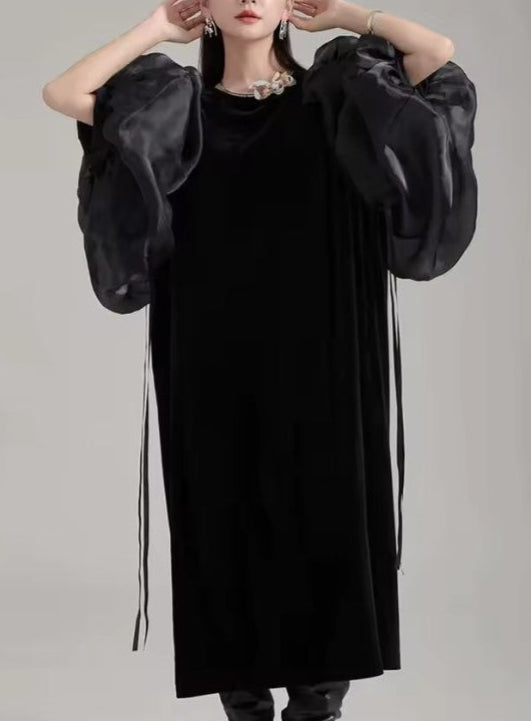 Elegant Black Organza Velvet Dress with Round Neck Long Organza Puff Sleeve