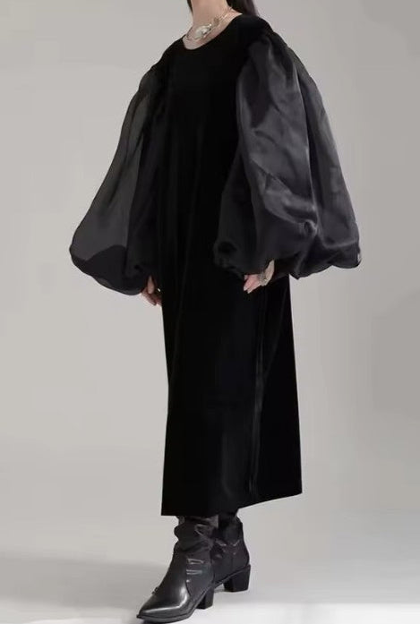 Elegant Black Organza Velvet Dress with Round Neck Long Organza Puff Sleeve