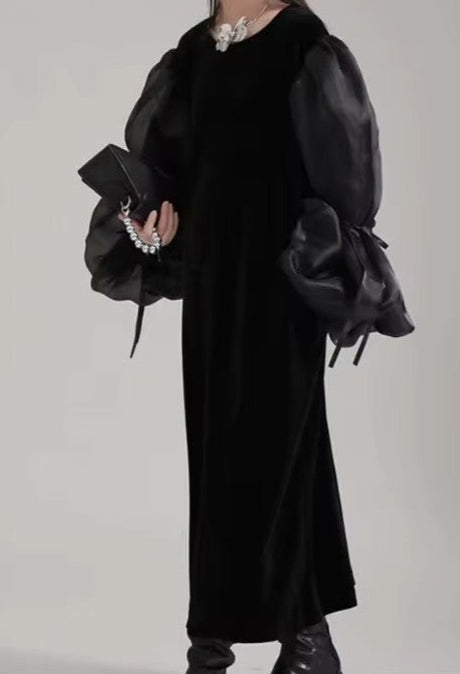 Elegant Black Organza Velvet Dress with Round Neck Long Organza Puff Sleeve
