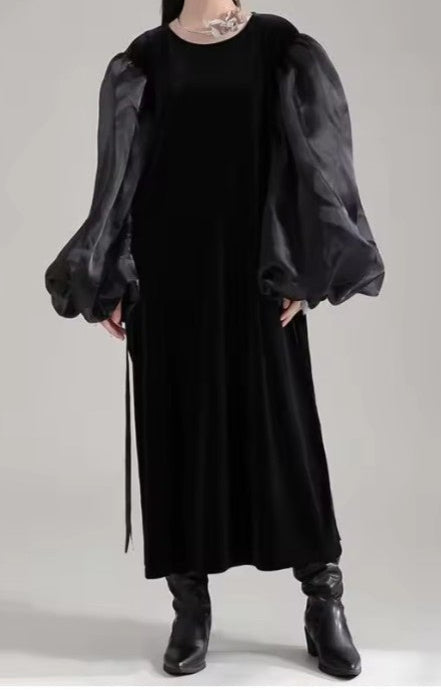 Elegant Black Organza Velvet Dress with Round Neck Long Organza Puff Sleeve