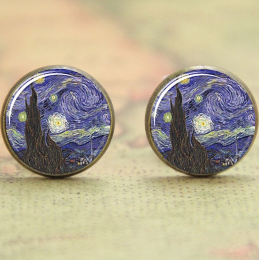 Glass Cabochon Van Gogh Starry Night Bezel Set Earrings Bronze