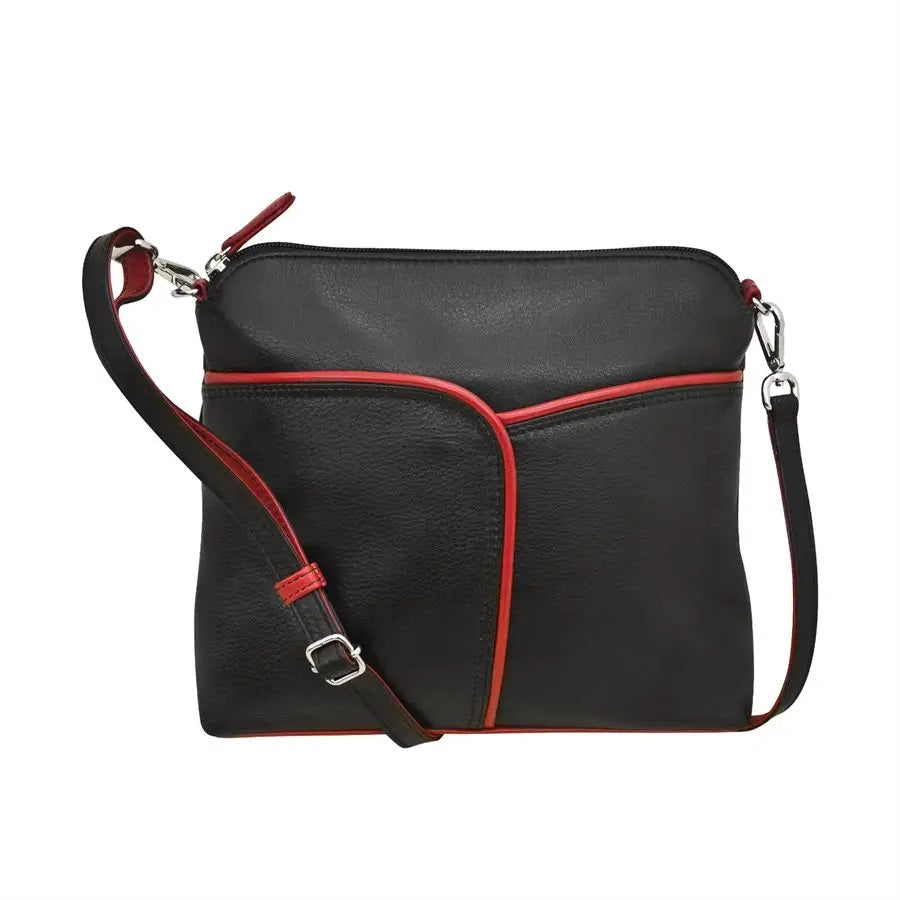 Leather Crossbody W/Top Zip Black & Red