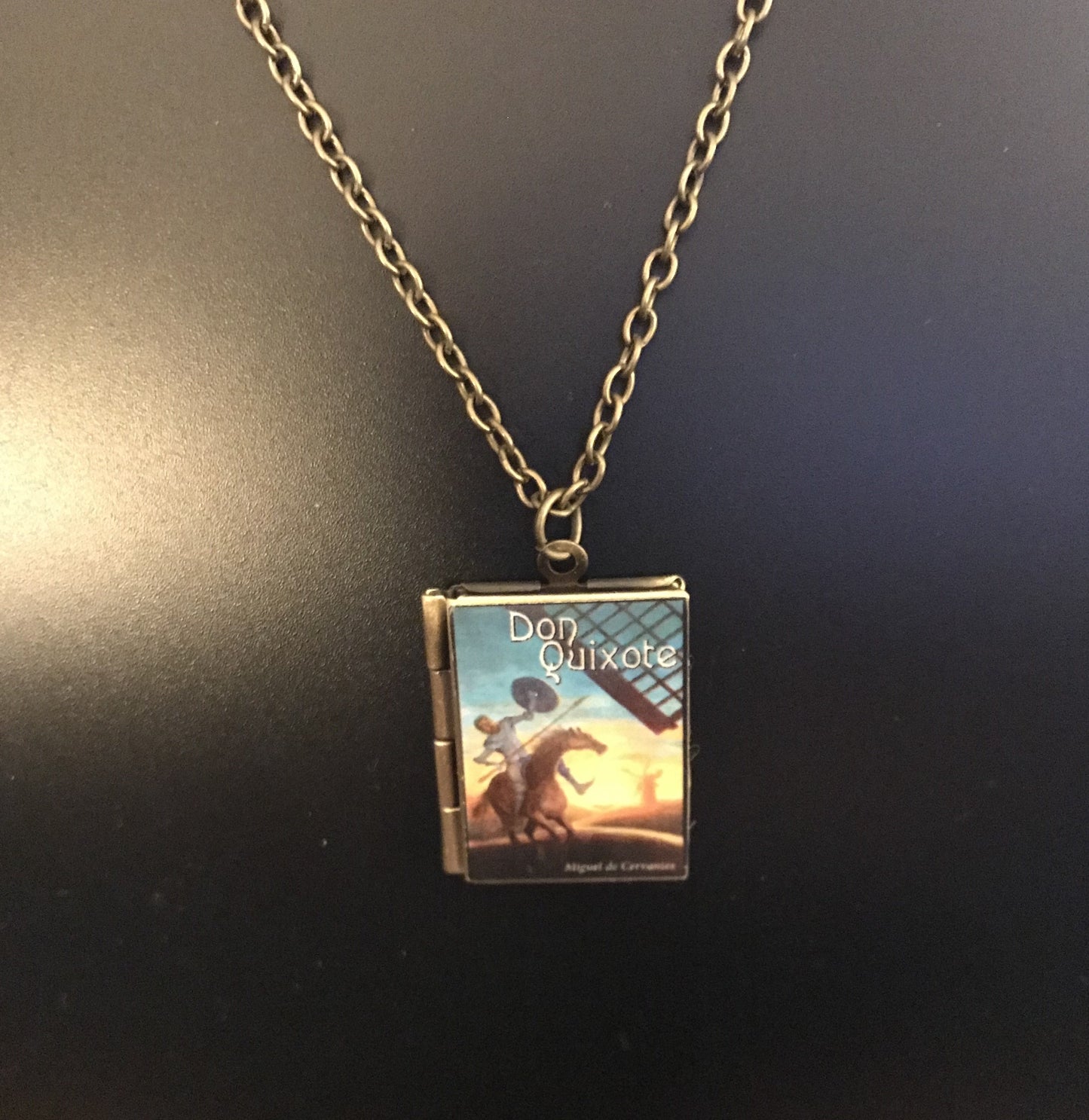 Book Locket "Don Quixote" Necklace Bronze