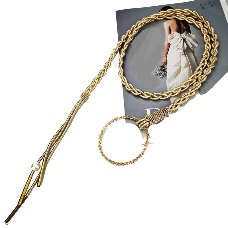 Gold Cord Women’s Fashion Belt with Braided Design and Faux Pearl Accents