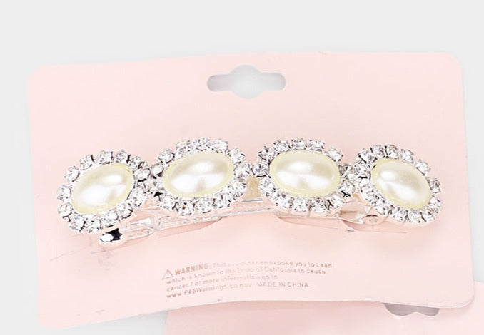 Oval Pearl Detail Rhinestone Trim Hair Barrette Silver or Gold