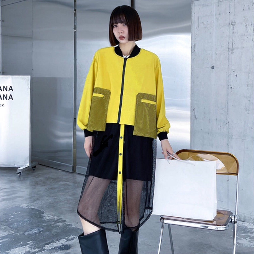 Rounded Collar Zip & Button Long Sleeve Coat with Mesh Hem Full Length