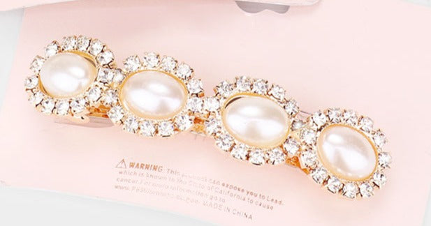 Oval Pearl Detail Rhinestone Trim Hair Barrette Silver or Gold