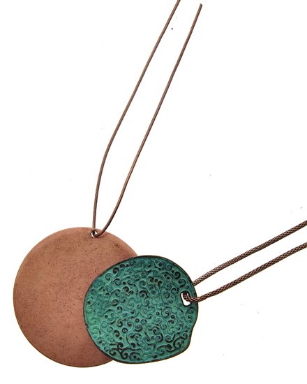 Long Necklace with Burnished Copper Tone & Patina Filigree Pendant on Multi Strand