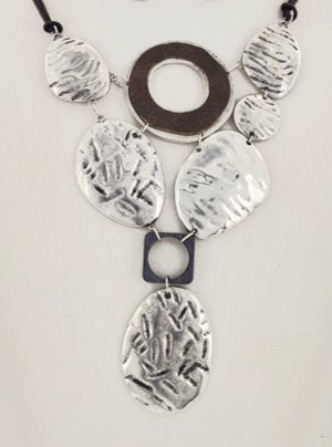 Silver Tone Geometric Brown Leatherette Metal Disk Graduated Multi Strand Necklace