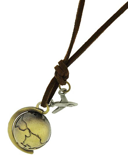 Burnished Two Tone Globe & Plane Pendant on Brown Suede Cord Long Necklace