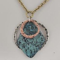 Geometric Tri-tone & Patina Pendant Necklace Silver,Copper,Patina 17" with ext