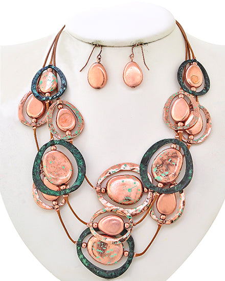 Patina & Copper Beads on Brown Cord Multi-Strand Necklace and Earring Set.