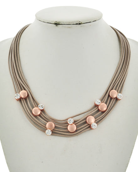 Rose Gold Disk and Rhinestone Bezel Set Taupe Leather Multi-Strand Necklace