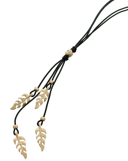 Matte Gold Feather Charm on Black Leather Cord Long Necklace