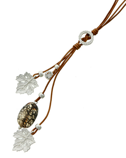 Matte Silver Tone Leaf & Grey Stone Pendant on Brown Leather Cord Long Necklace