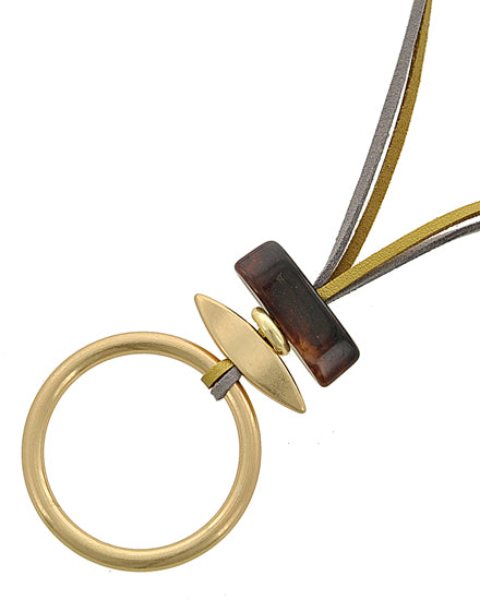 Open Round Long Necklace Matte Gold Tone on Brown & Grey Suede