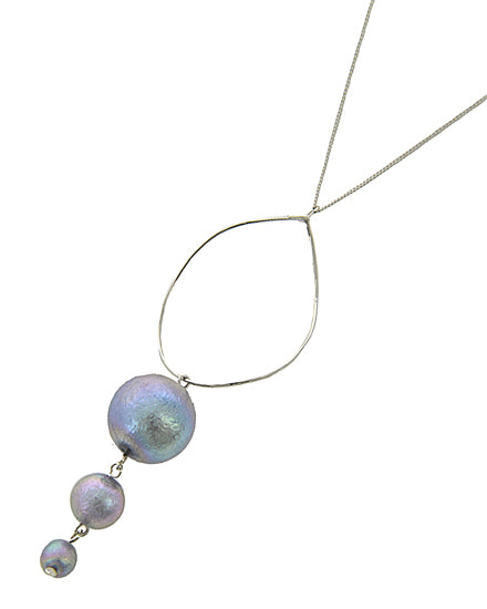 Grey Faux Pearl Graduating Pendant Ball Long Necklace Silver Tone