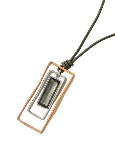 Long Necklace Matte Rose Gold Tone Hematite Graduating Pendant Vegan Leather