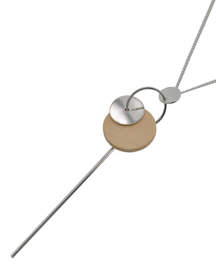 Long Silver Plated Chain With Geometric Light brown Wood Metal Pendant