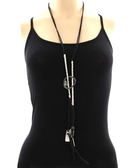 Geometric Thread Hammered Silver on Black Cord Long Necklace