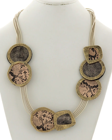 Animal Print Disks on Leather Multi-Strand Short Necklace