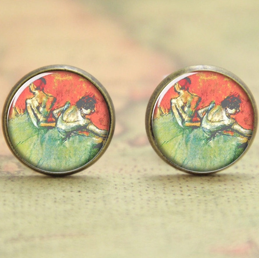 Glass Cabochon Degas Ballerinas Bezel Set Earrings Bronze