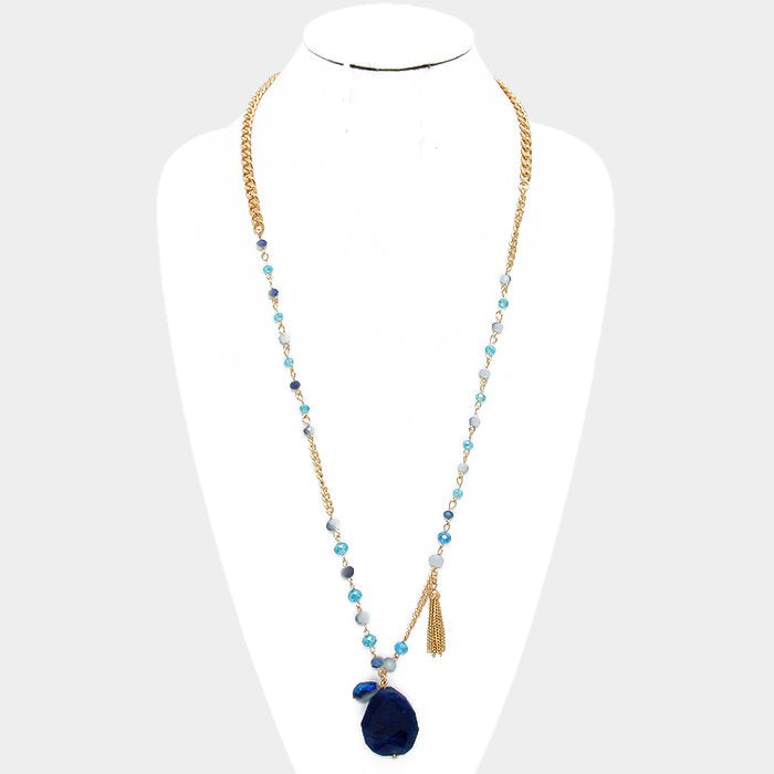 Semi Precious Stone Pendant & Metal Chain Tassel Drop Beaded Long Necklace