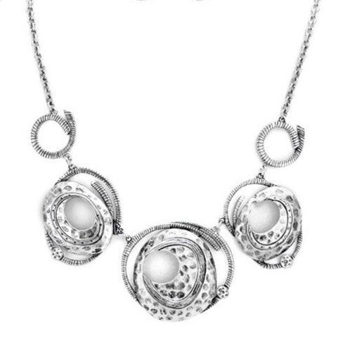 Antiqued Silver Tone Textured Abstract Metal Link Necklace