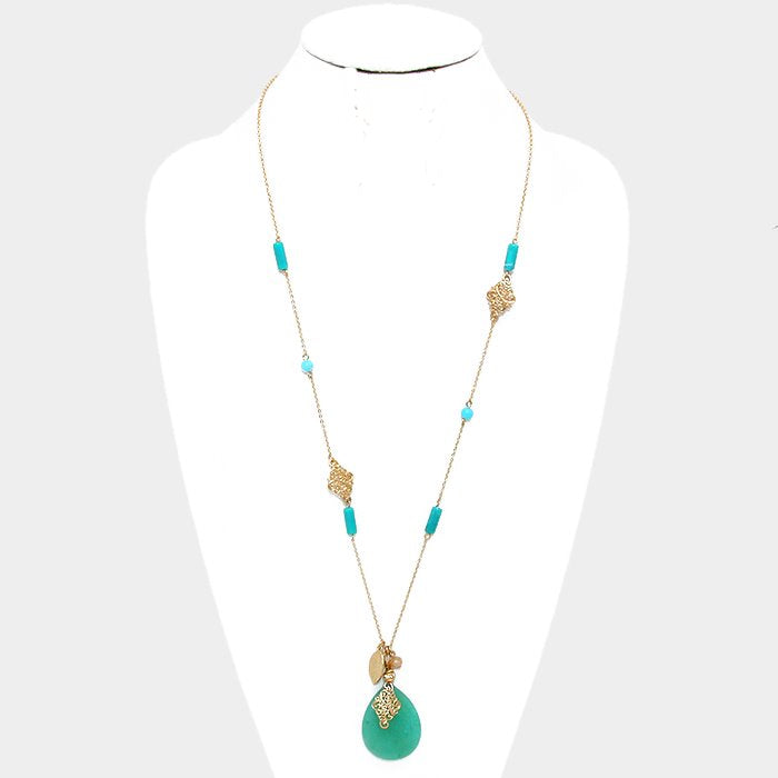 Semi Precious Stone Pendant Bead & Metal Leaf Station Long Necklace