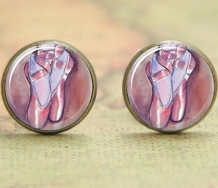 Glass Cabochon Ballet Shoes Bezel Set Earrings Bronze