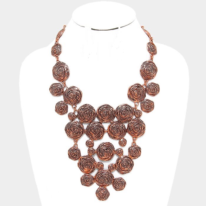 Textured metal rose link bib necklace