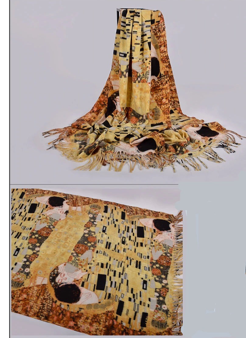 Art Printed Fall/Winter Scarf Klimt "The Kiss" Yellow/Coffee