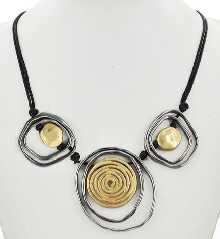 Matte Gold Tone & Hematite Tone on Black Cord Geometric Necklace