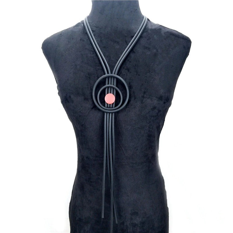 Recycled Rubber/Silicone Long Tassel Necklace with Geometric Pendant