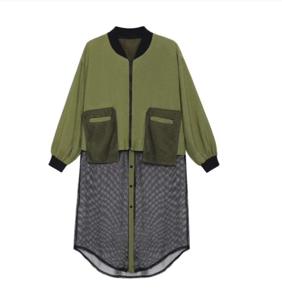 Rounded Collar Zip & Button Long Sleeve Coat with Mesh Hem Full Length