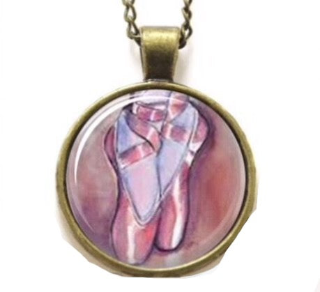 Glass Cabochon Ballet Shoes Bezel Set Necklace Bronze