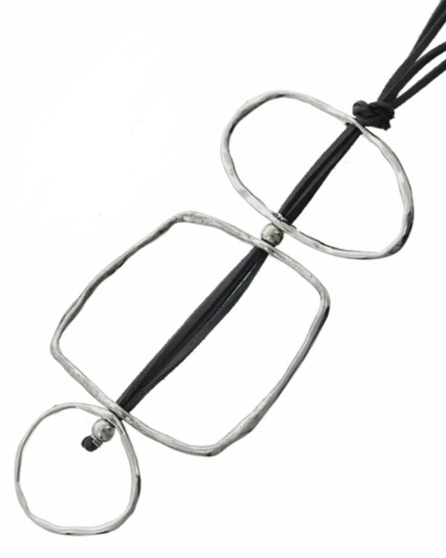 Long Necklace Geometric Open Shape on Grey Suede Cord Silver