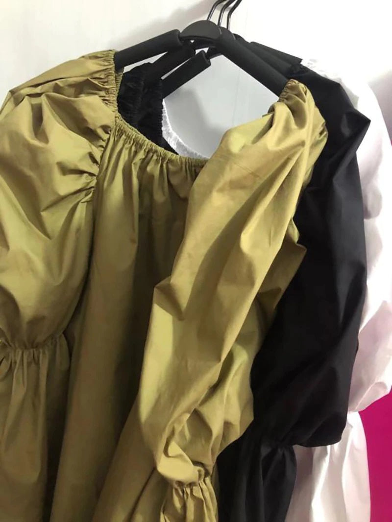 Mini Dress Square Collar Long Balloon Sleeve Oversized Fit Khaki