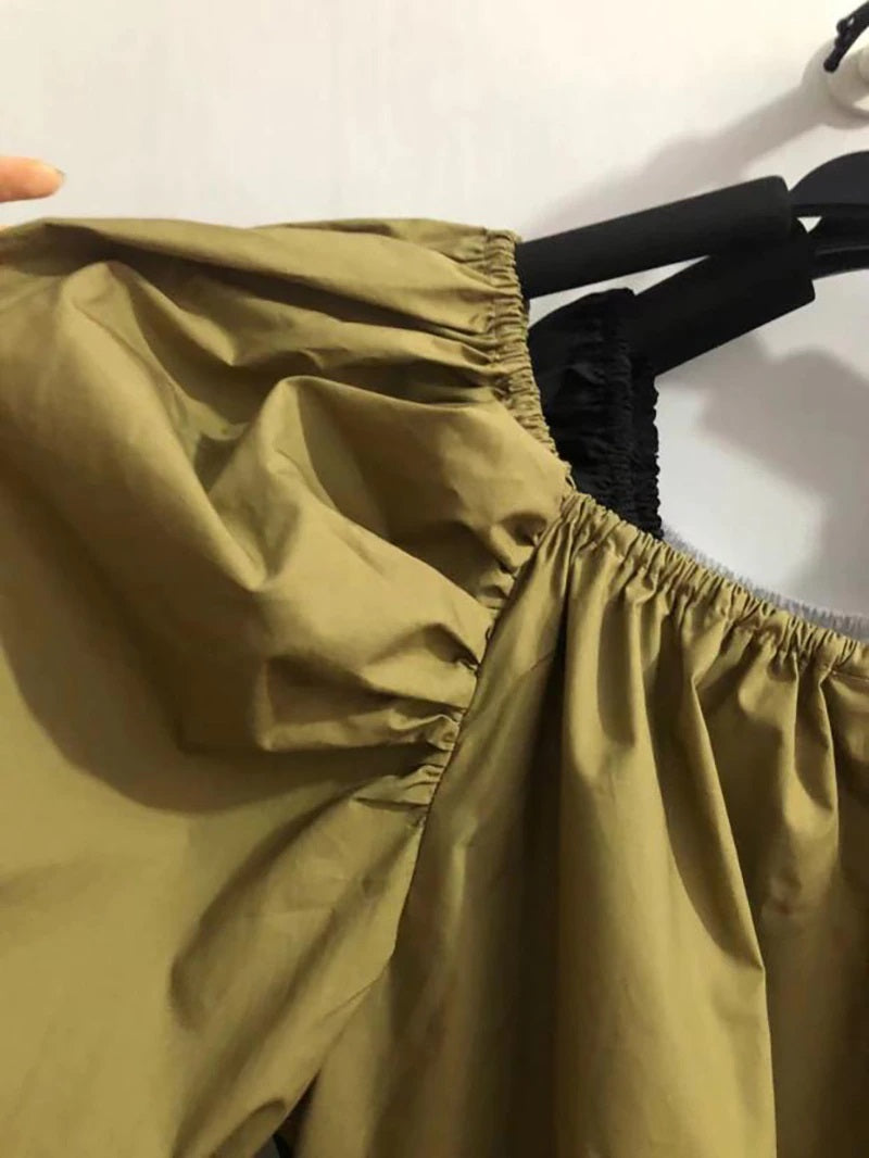 Mini Dress Square Collar Long Balloon Sleeve Oversized Fit Khaki