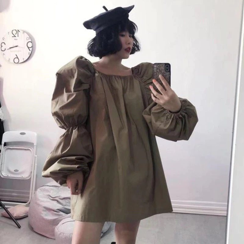 Mini Dress Square Collar Long Balloon Sleeve Oversized Fit Khaki