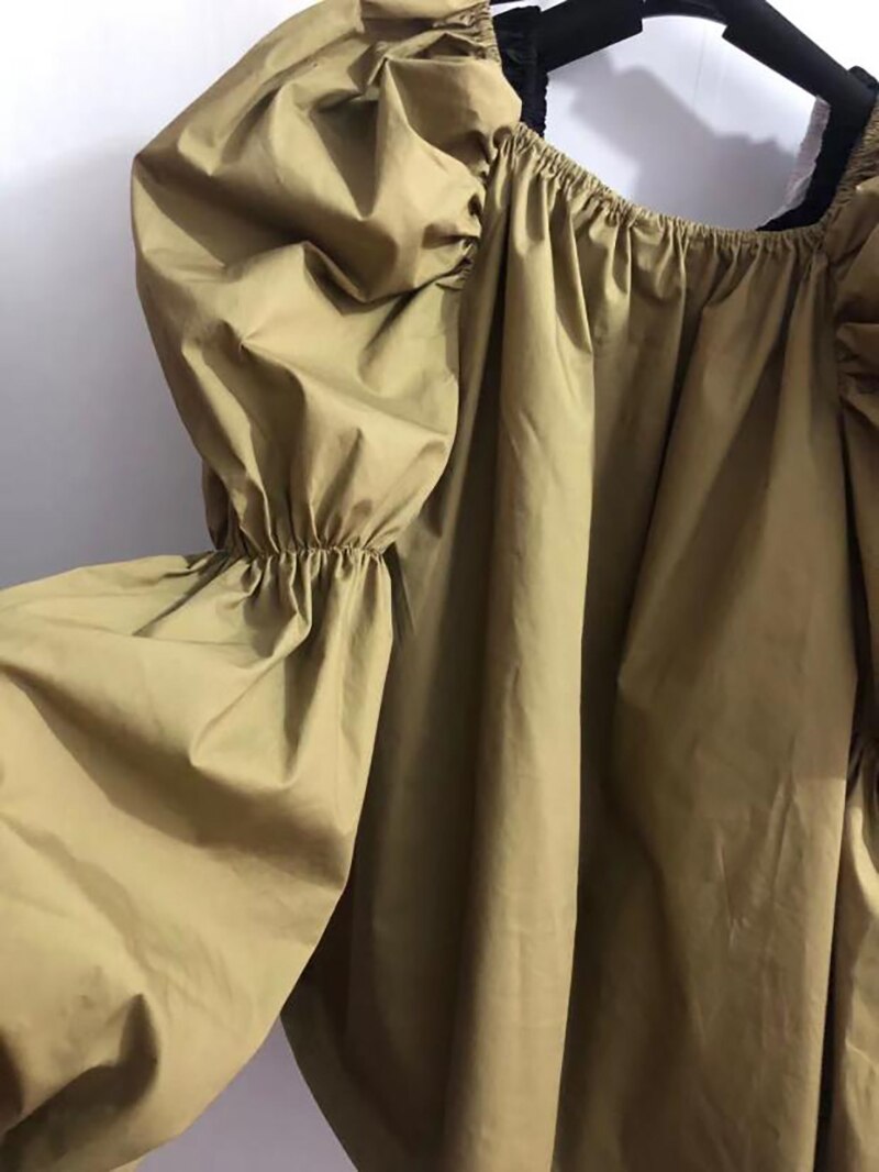 Mini Dress Square Collar Long Balloon Sleeve Oversized Fit Khaki