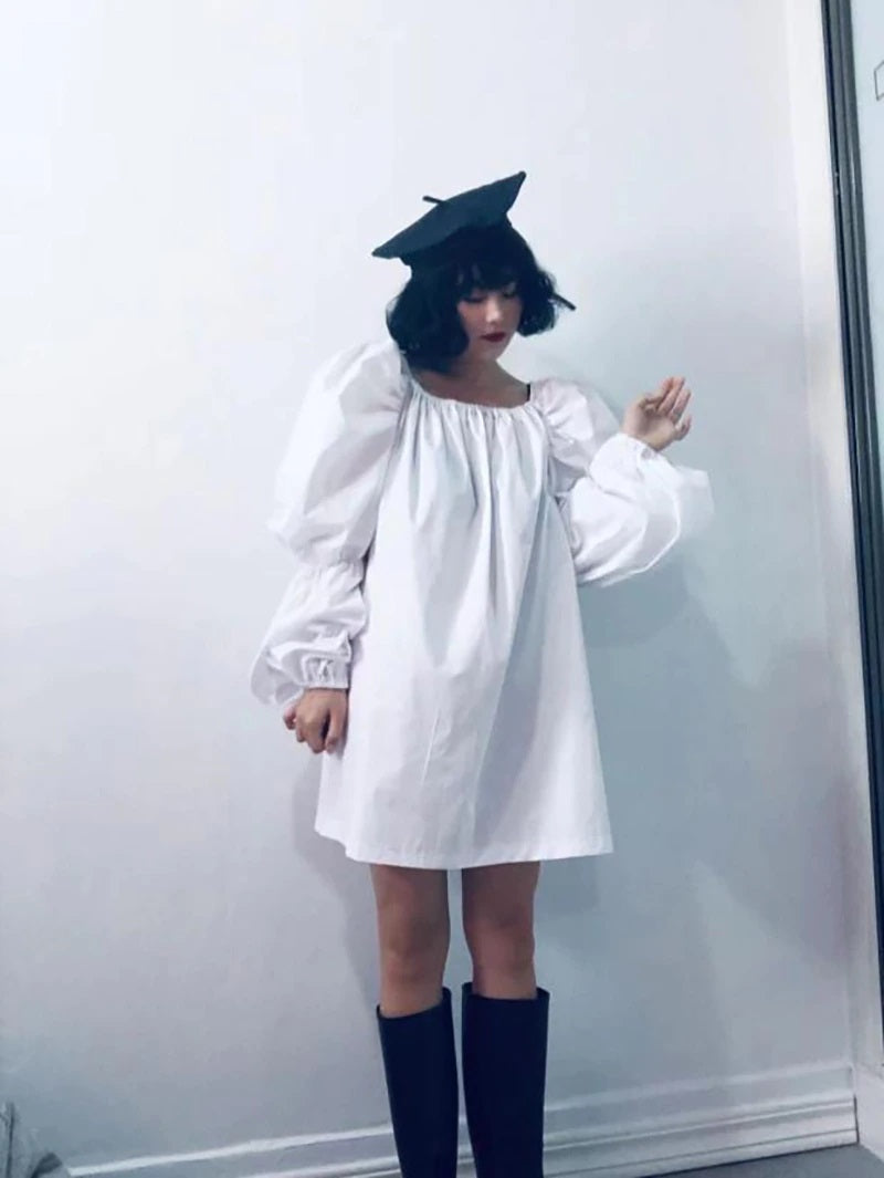 Mini Dress Square Collar Long Balloon Sleeve Oversized Fit Khaki