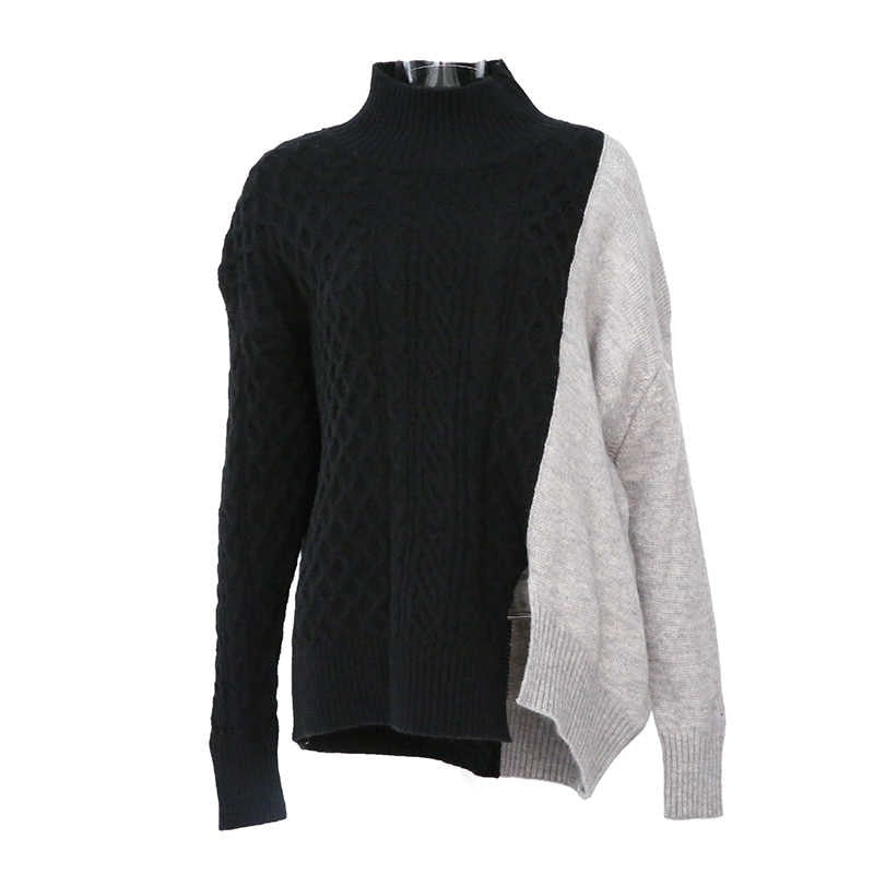 Split Two-Tone Sweater with Turtleneck Collar Long Sleeve Oversized